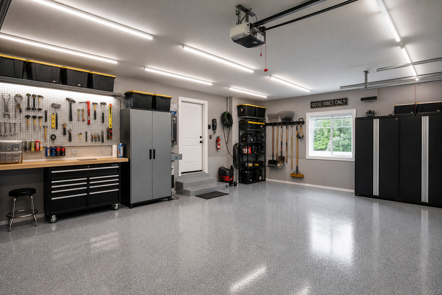 Modern organized garage with LED lighting and clean storage solutions