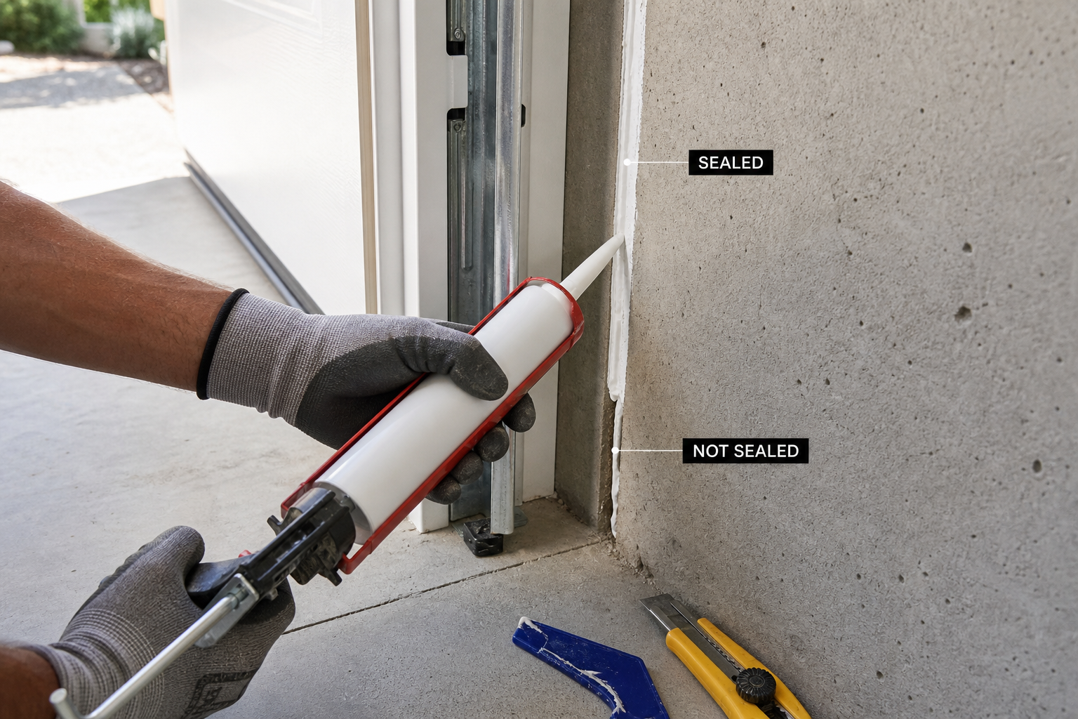 Person sealing gaps around garage door frame with caulk gun