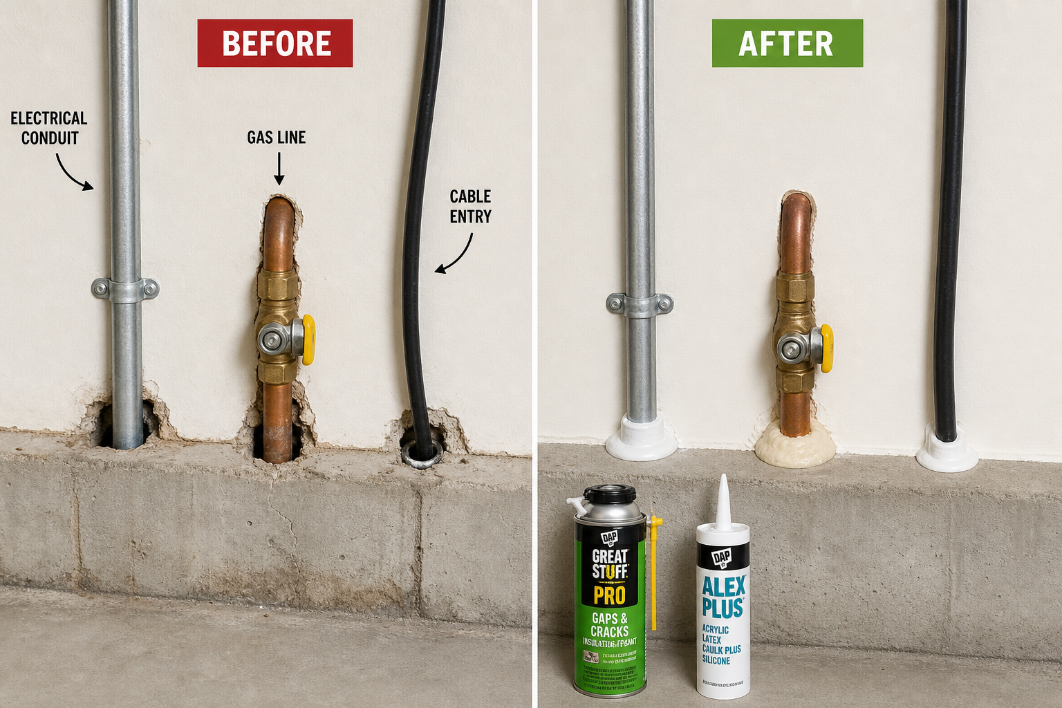 Garage wall showing utility pipe and cable penetrations sealed with foam and caulk