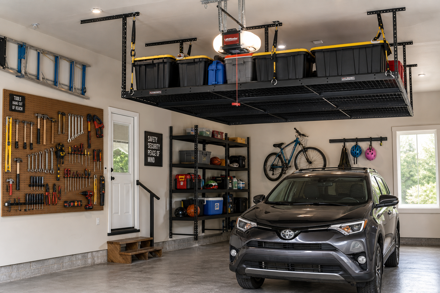 Wall and overhead garage storage systems mounted high and secured for safety