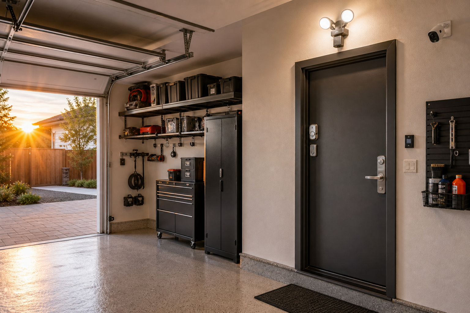 Secure garage entry door with multiple security features and lighting