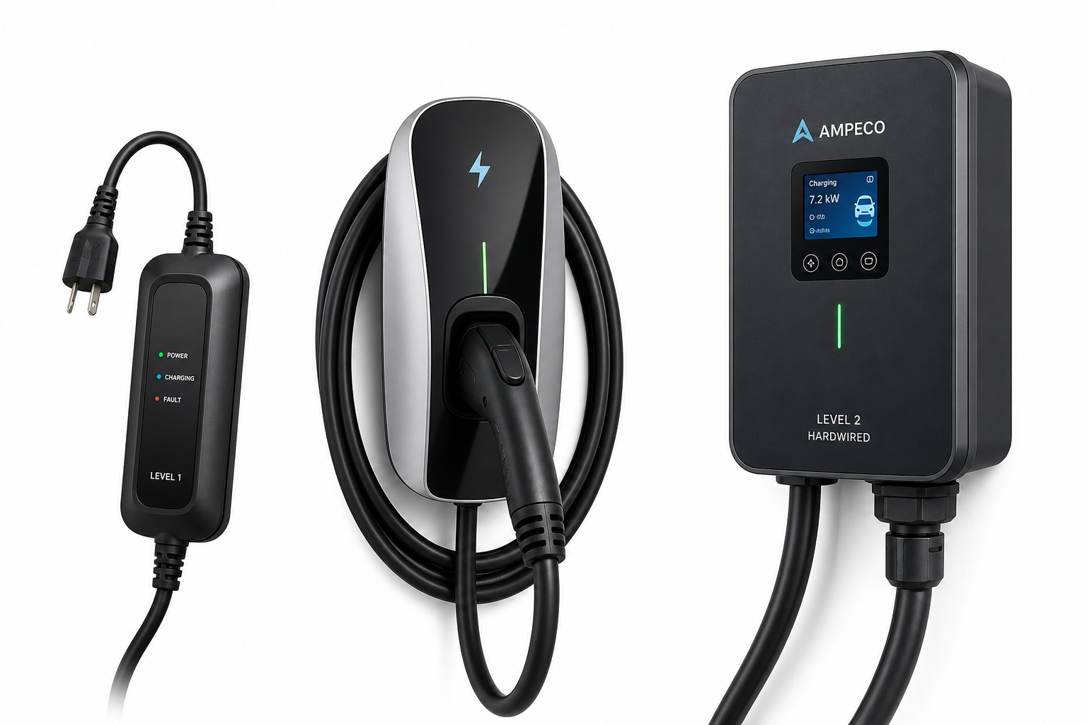 Three different types of EV charging stations displaying various amperage options