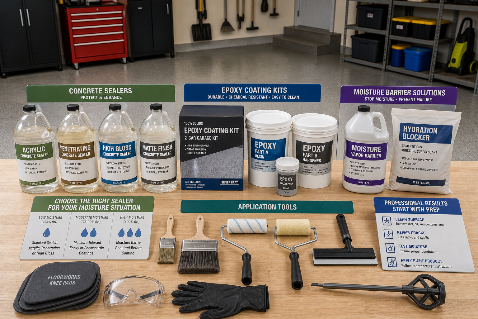 Various garage floor sealing and coating products displayed on workbench