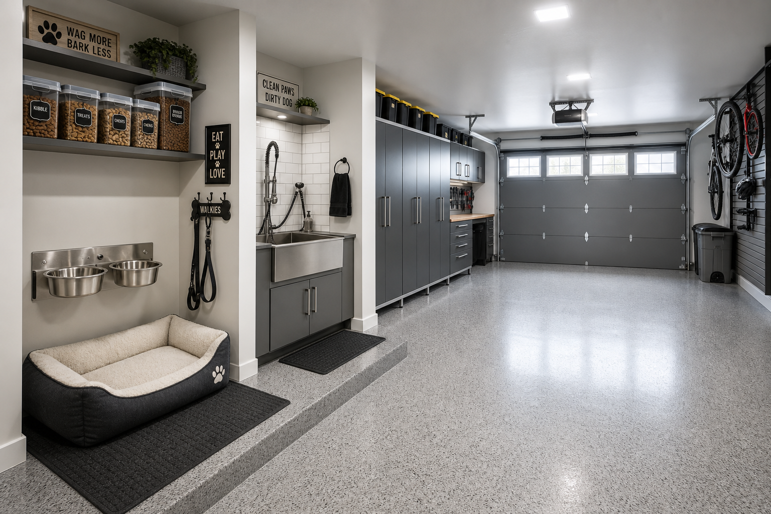Organized garage with dedicated dog area featuring feeding station, wash area, and storage