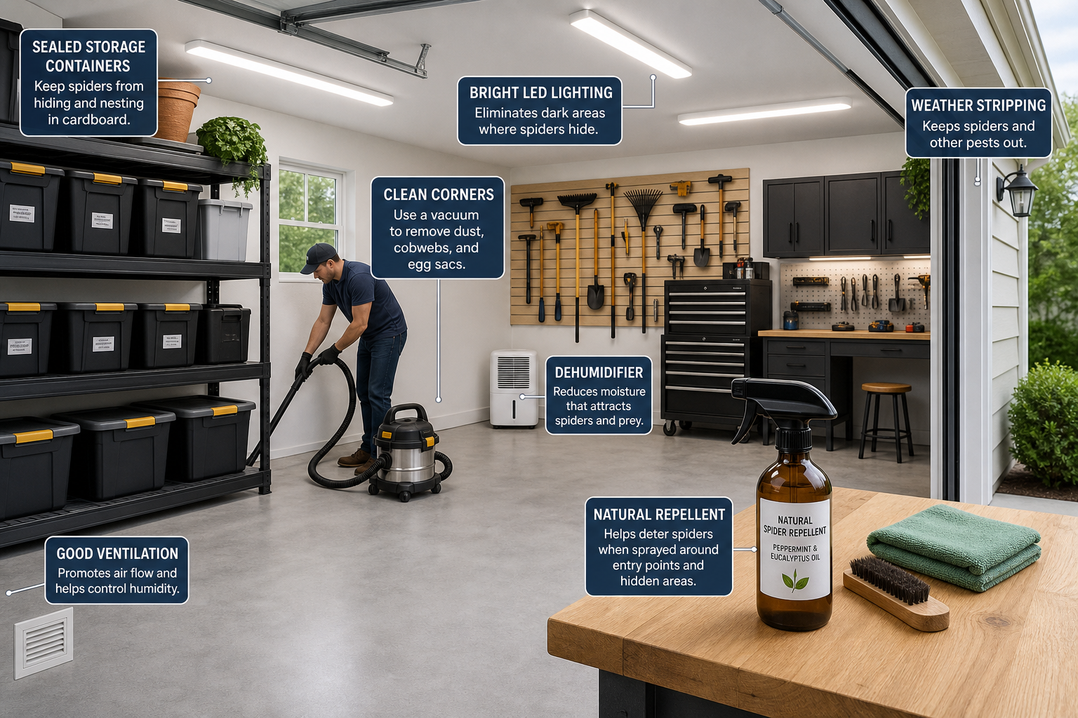 Clean, organized garage showing spider prevention methods including proper storage and cleaning