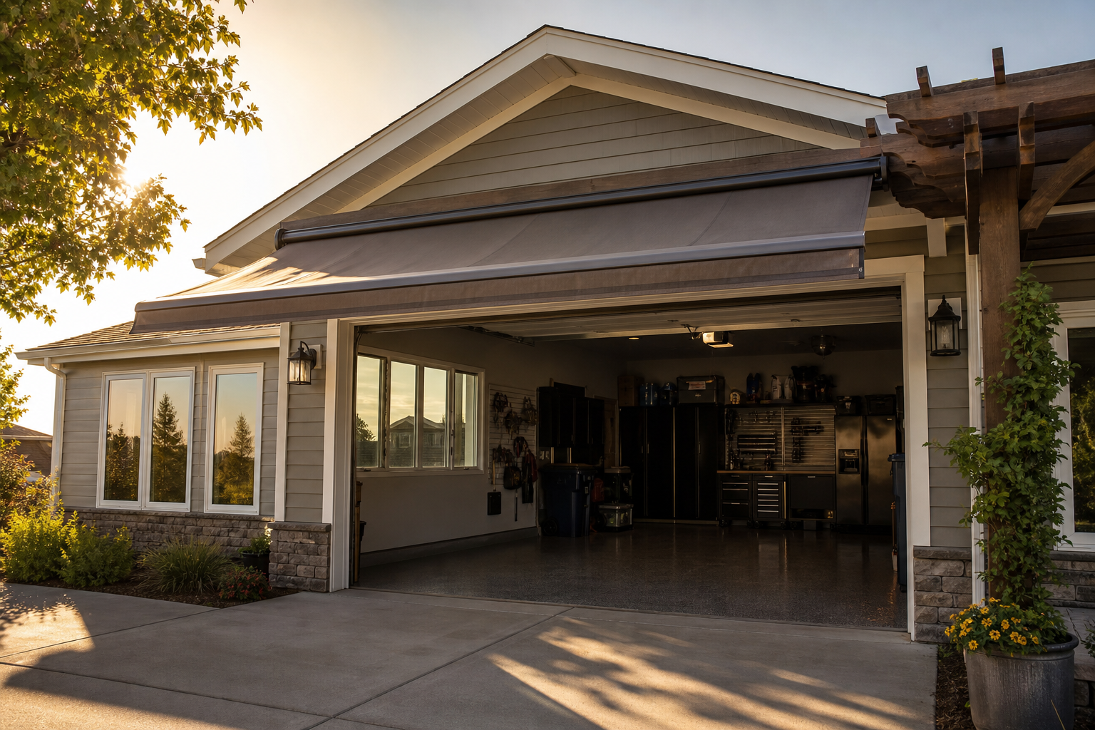 Garage with awning and window treatments providing shade and cooling