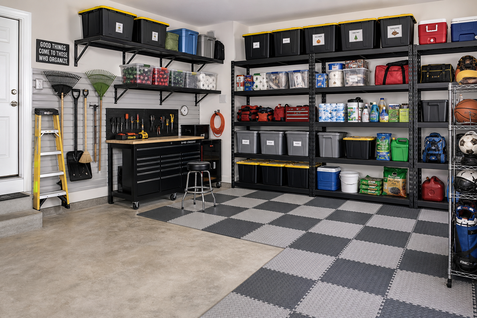 Garage shelving systems and flooring options including metal shelves and interlocking floor tiles