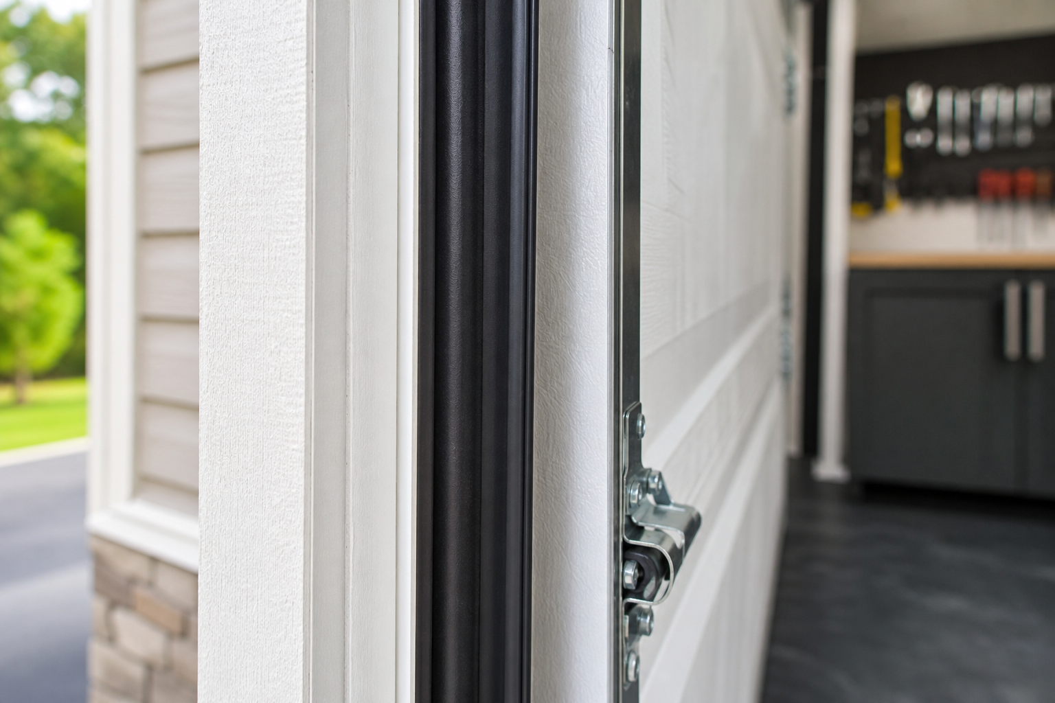 Side jamb weatherstripping seal installed along garage door frame edge