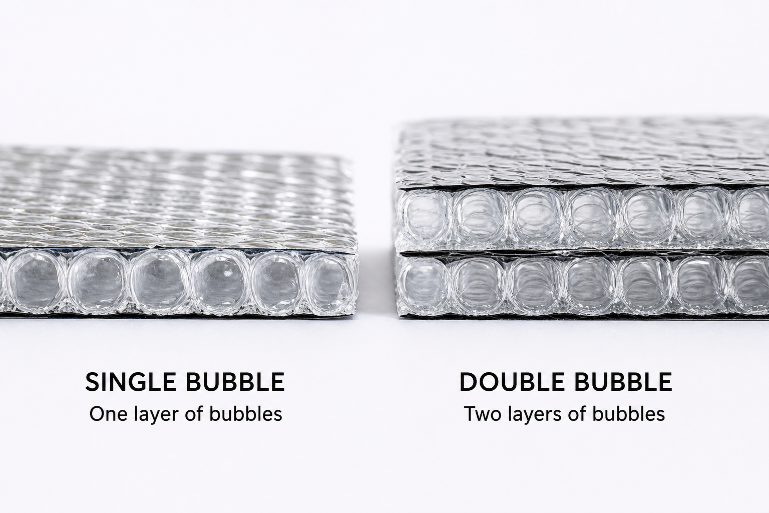 Side-by-side comparison of single-bubble and double-bubble reflective insulation cross-sections