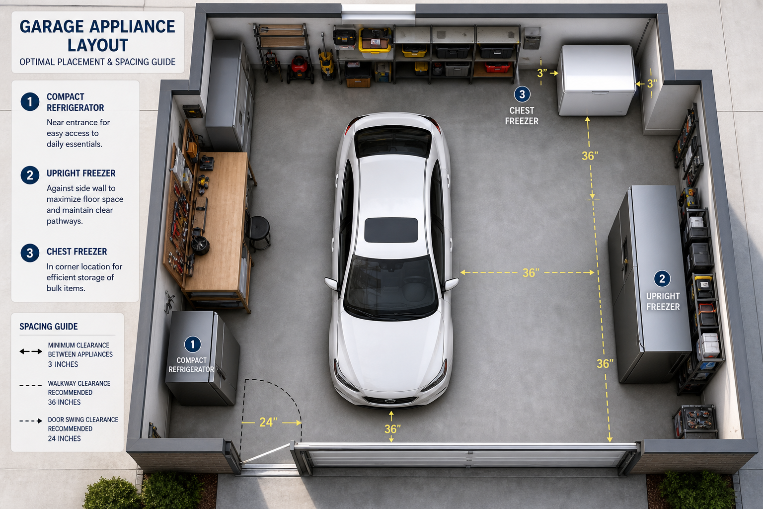 Overhead view of garage layout showing proper placement and sizing of different refrigerators and freezers