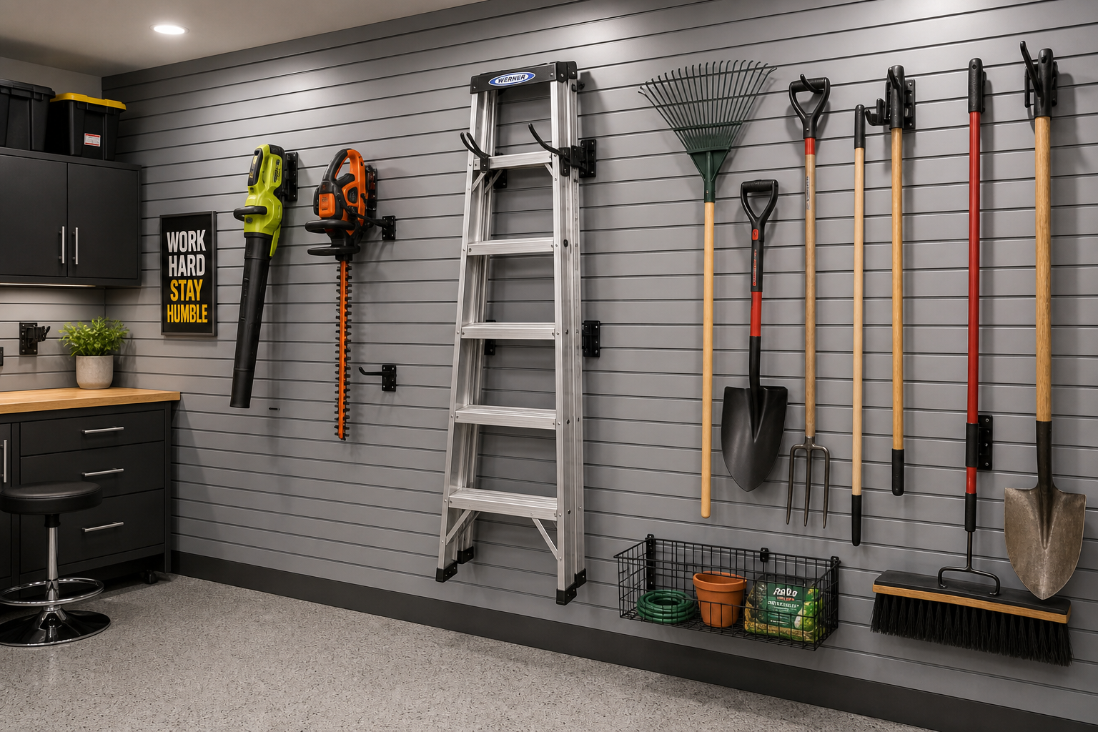 Slatwall panel system in garage with ladder and large tools hanging from specialized hooks