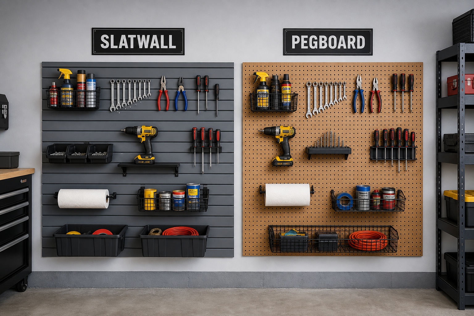 Side-by-side comparison of slatwall and pegboard storage systems in garage