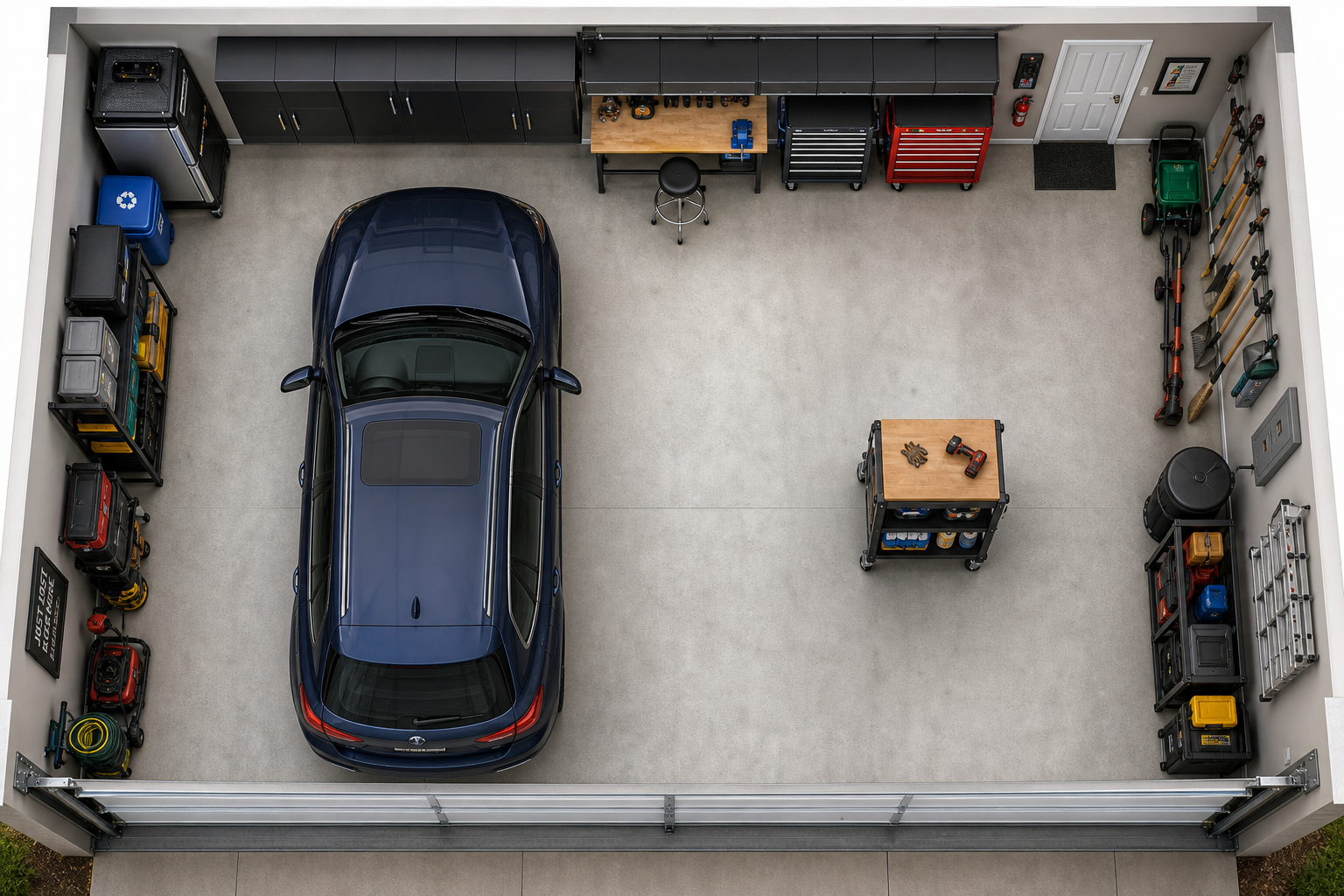 Overhead view of efficiently organized small garage floor plan layout