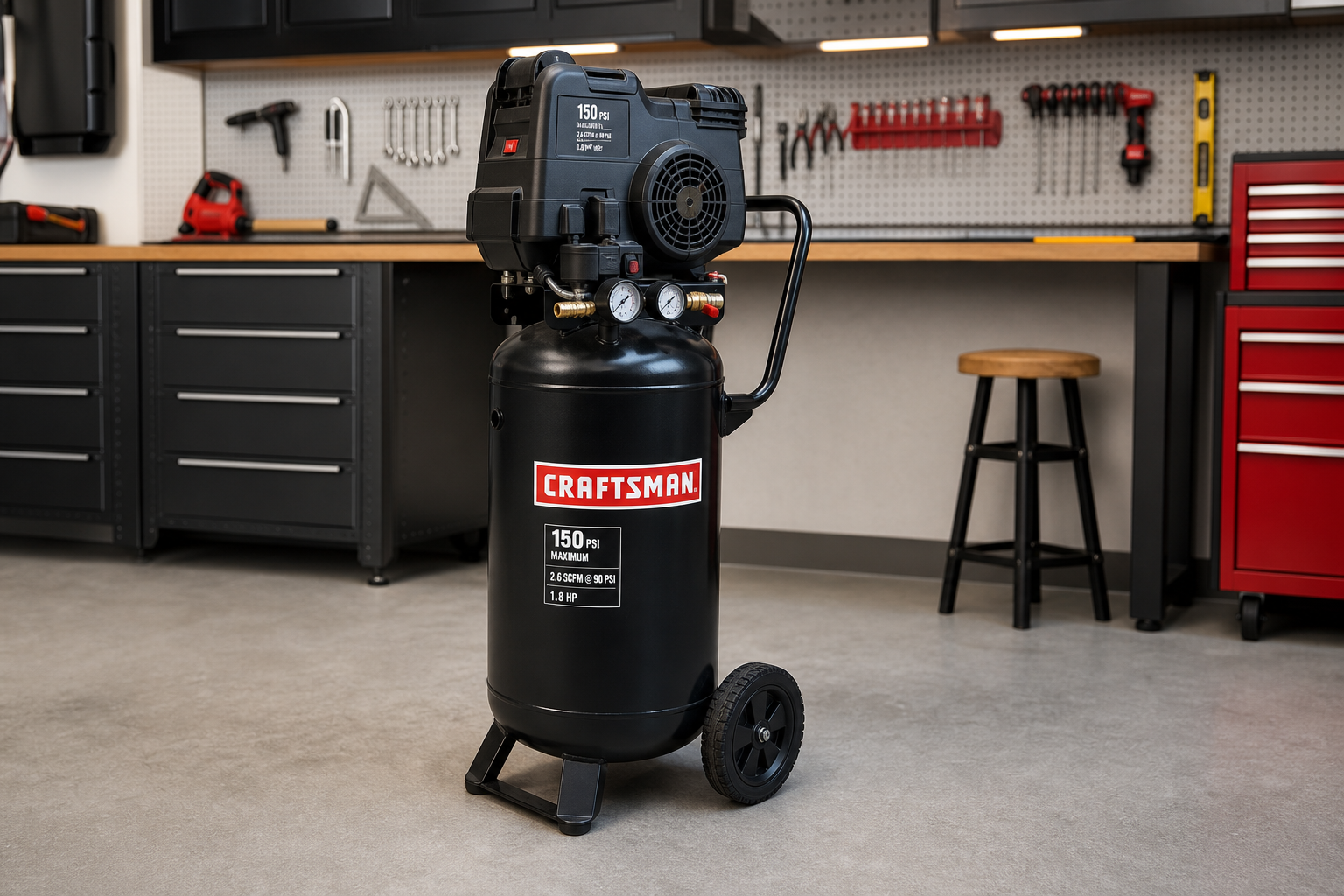 Small vertical air compressor with upright tank design in organized garage workshop
