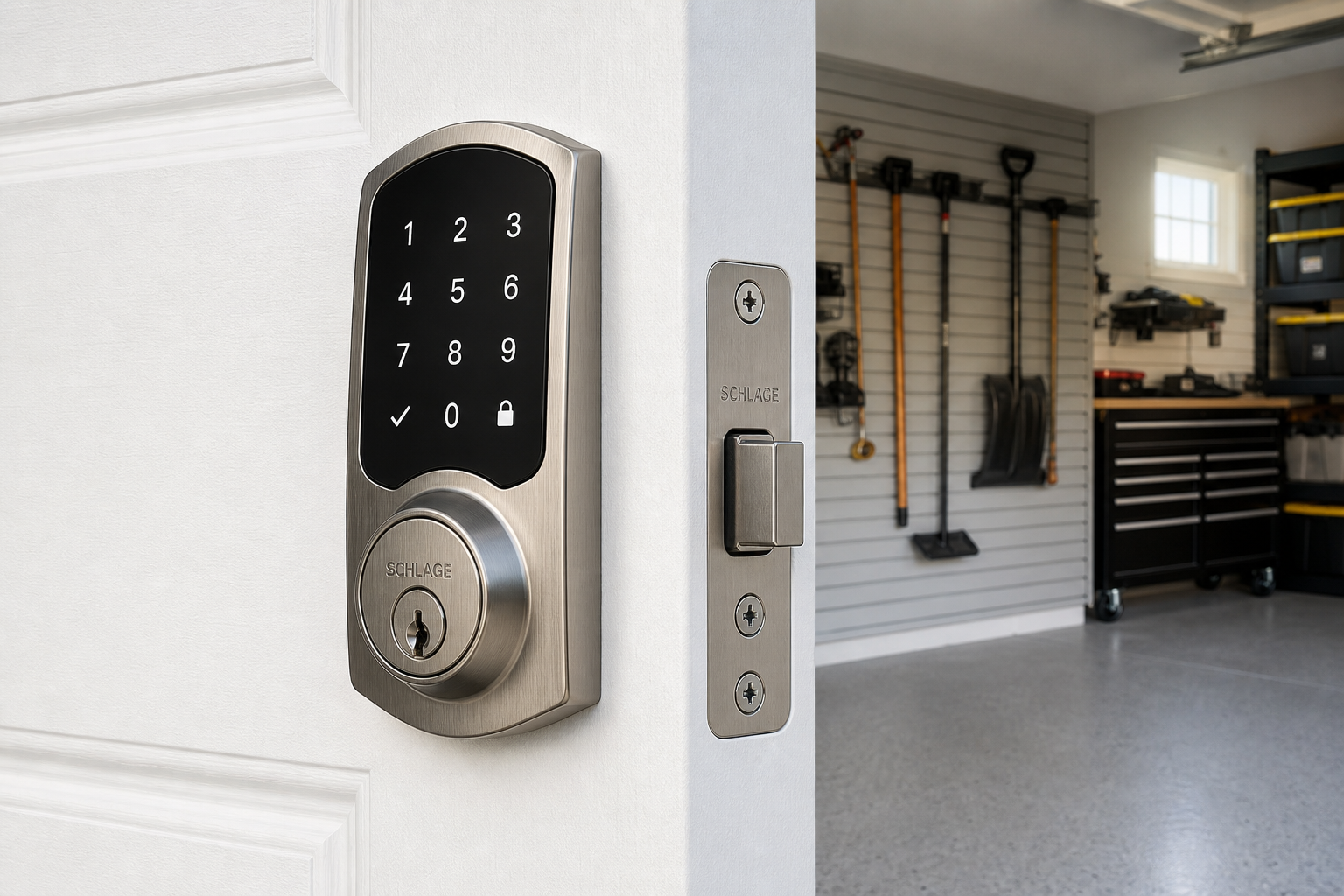 Smart deadbolt with keypad and reinforced strike plate on garage door