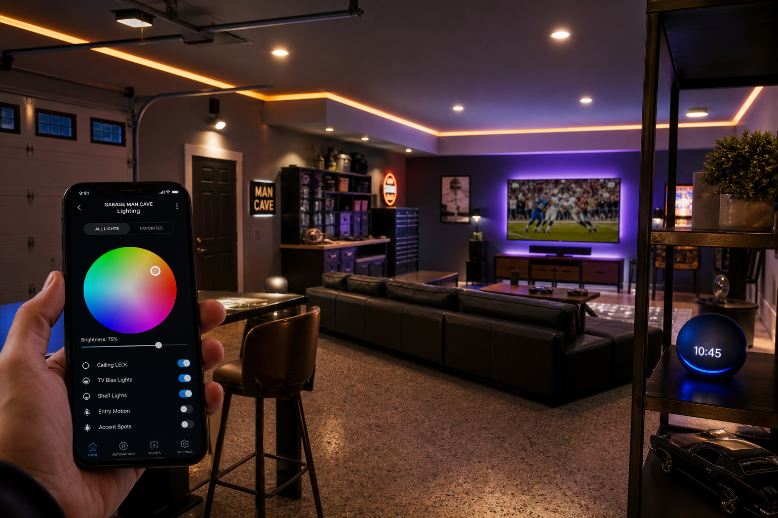 Smart garage lighting system controlled by smartphone app with various automated features