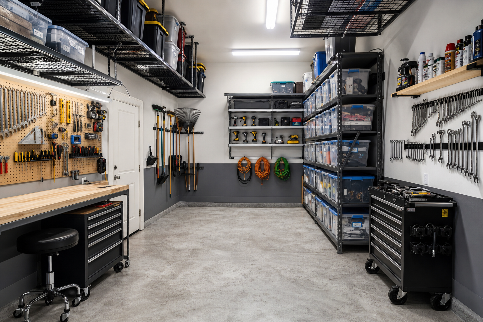 Modern garage workshop featuring various smart storage solutions and organization systems