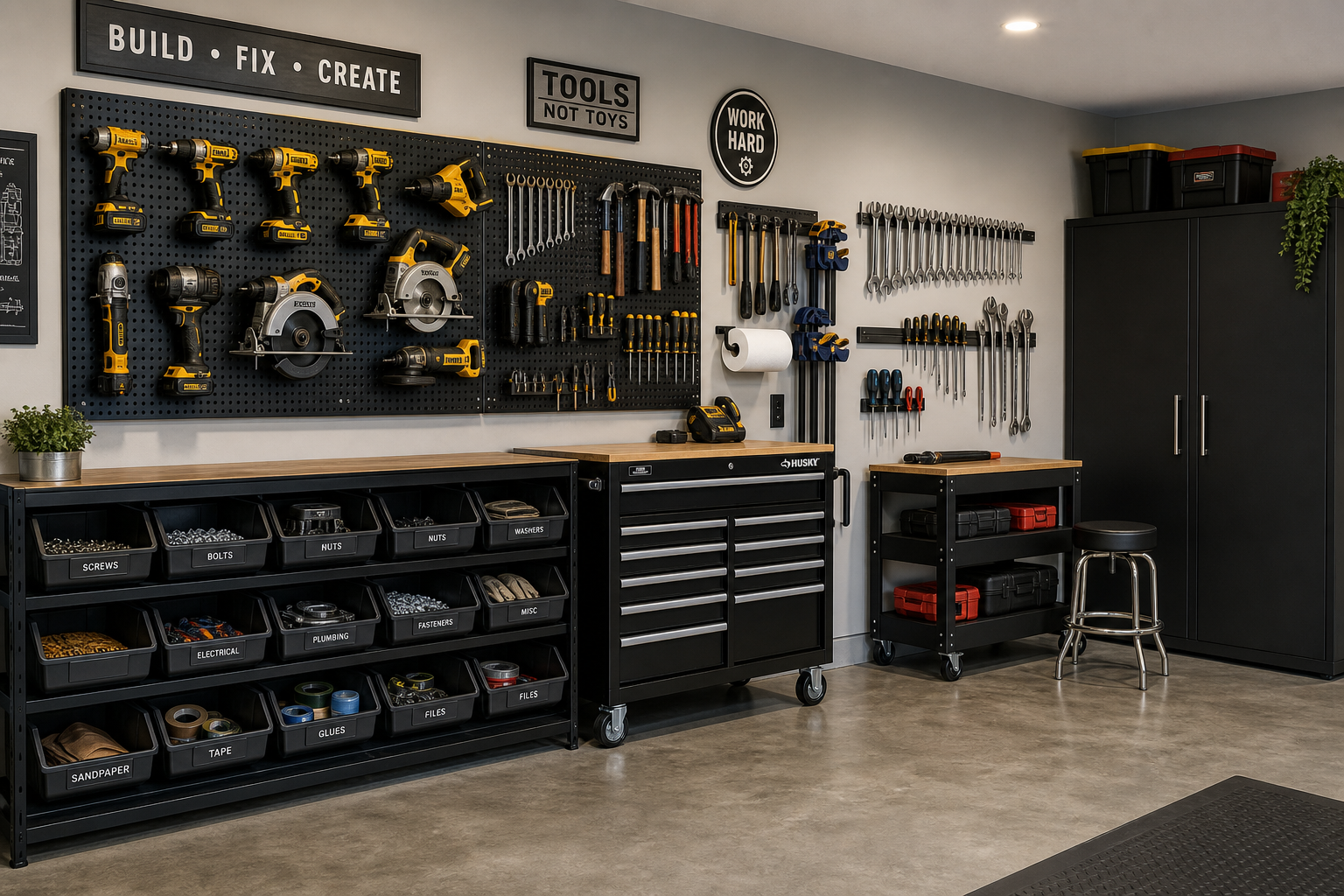 Modern garage wall with various power tool storage solutions including pegboards, bins, and magnetic strips
