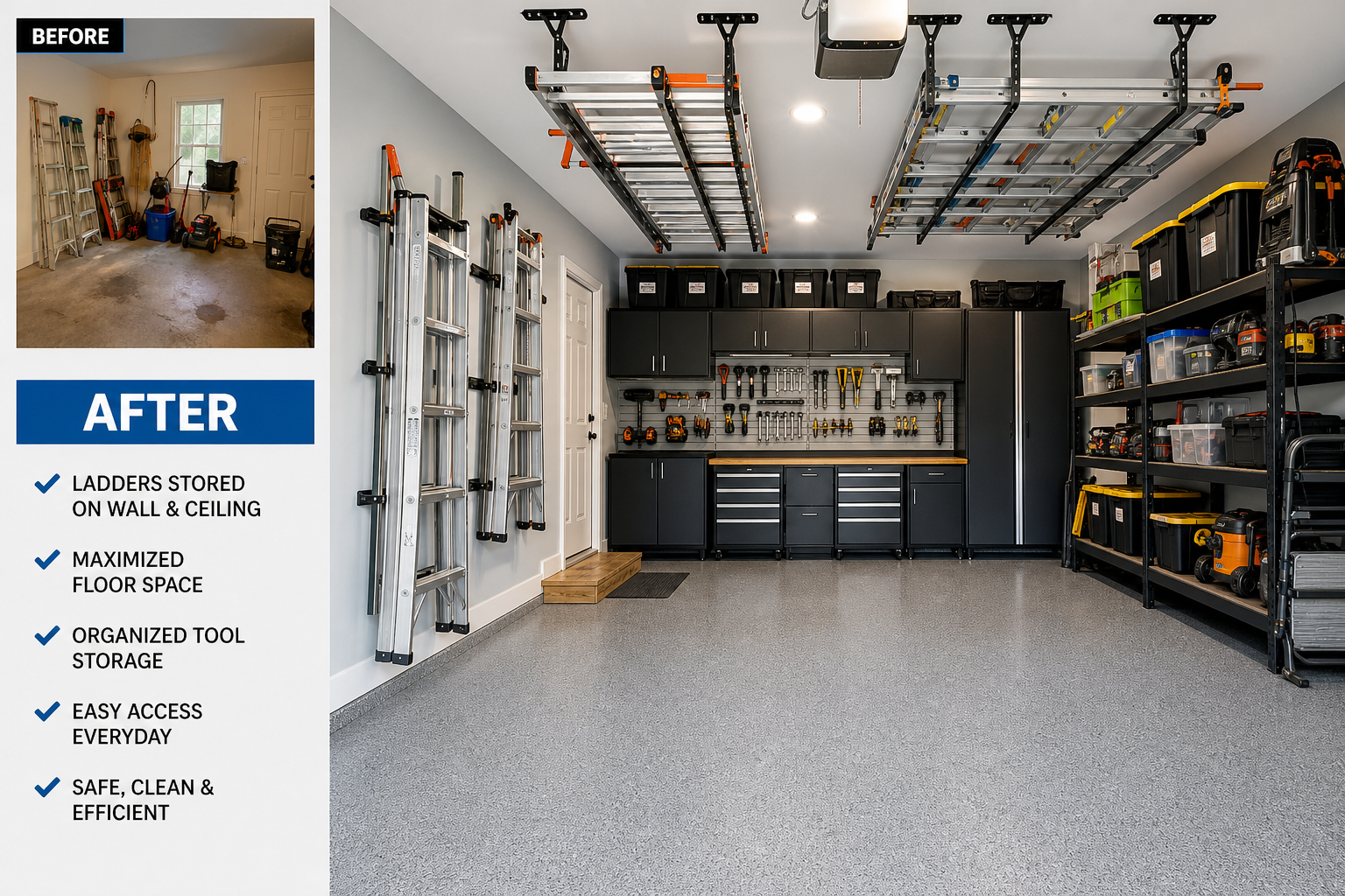 Efficiently organized garage showing multiple ladder storage strategies maximizing space