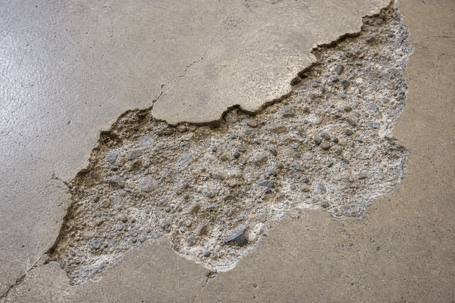Concrete floor spalling damage from freeze-thaw cycles showing broken surface