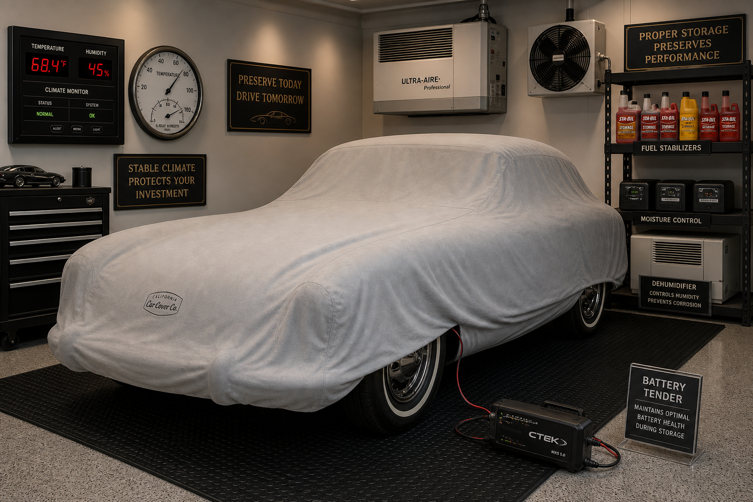 Classic car under protective cover with specialized storage equipment