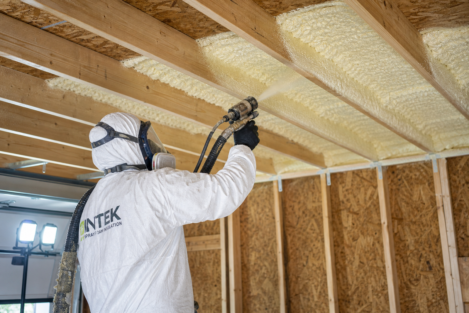 Professional contractor applying spray foam insulation to garage ceiling