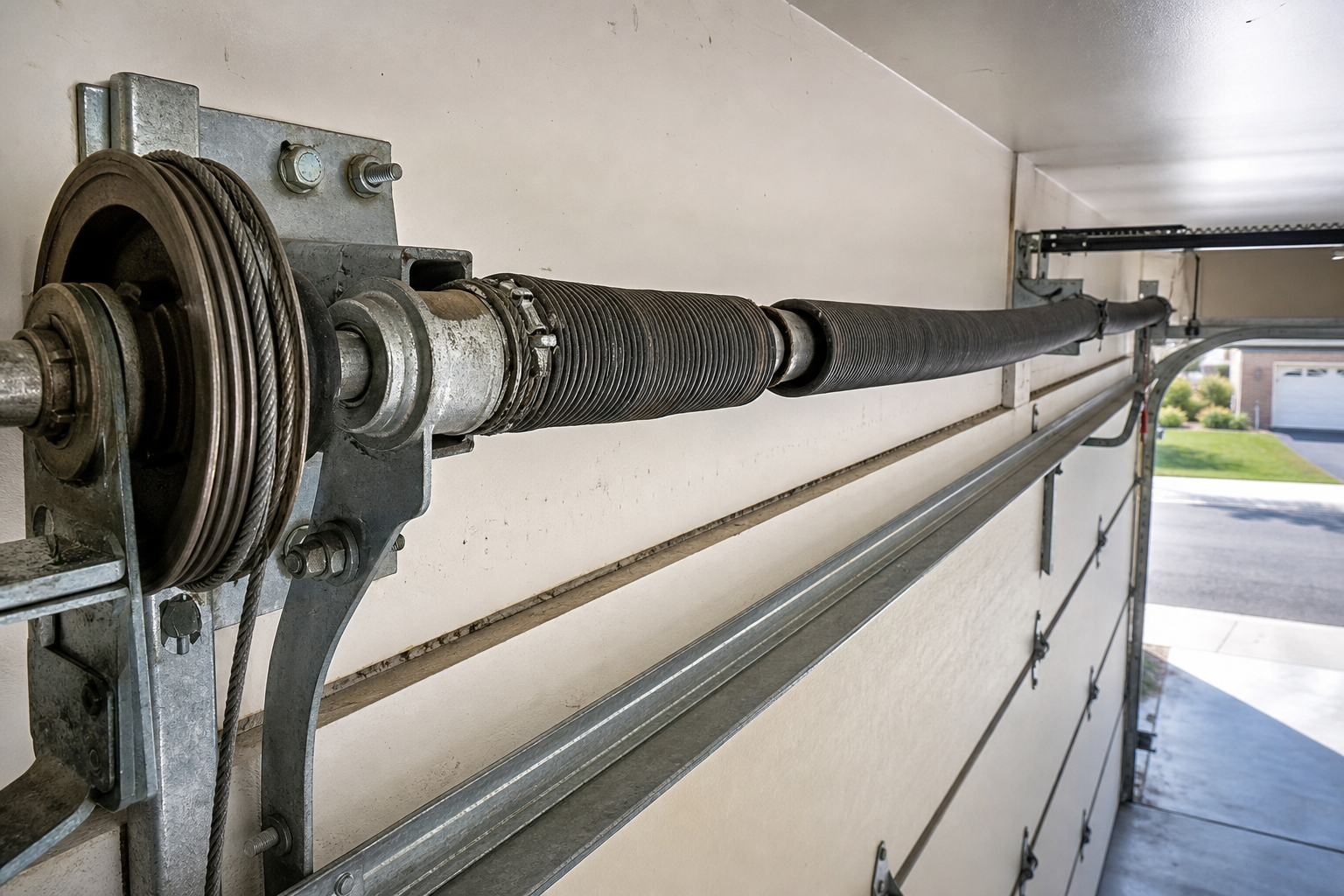 Garage door torsion springs and hardware showing signs of wear or damage