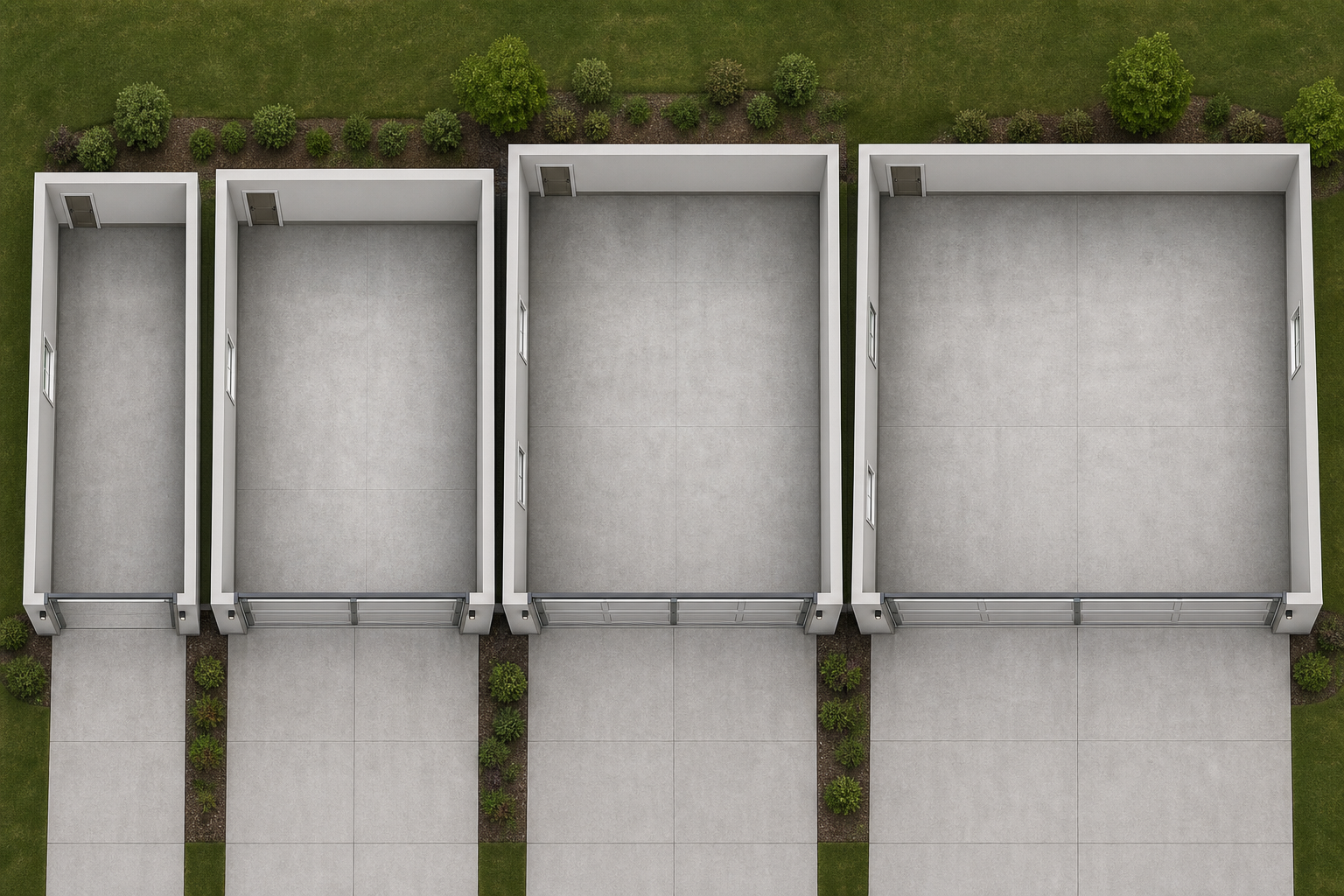 Aerial view comparing garage floor plans from single car to four car garages