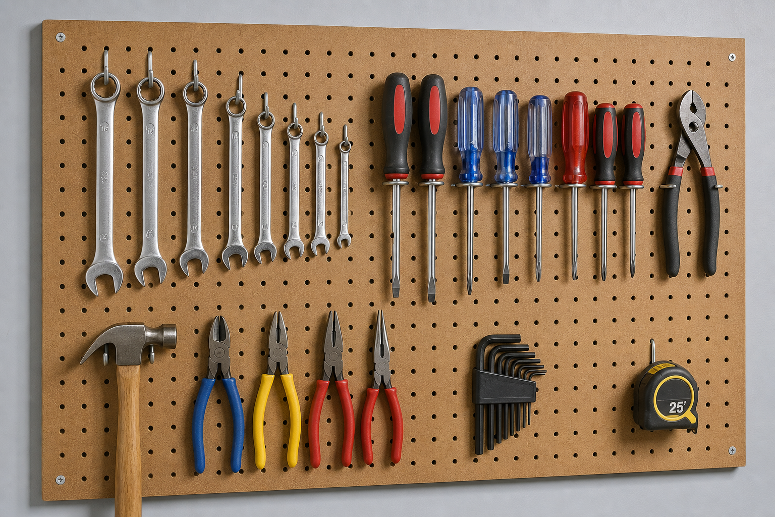 Brown hardboard pegboard with tools hanging from metal hooks