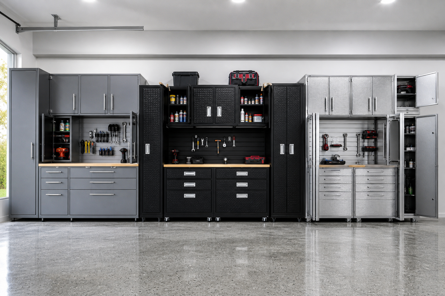 Three different steel garage cabinet systems displayed side by side in a modern garage