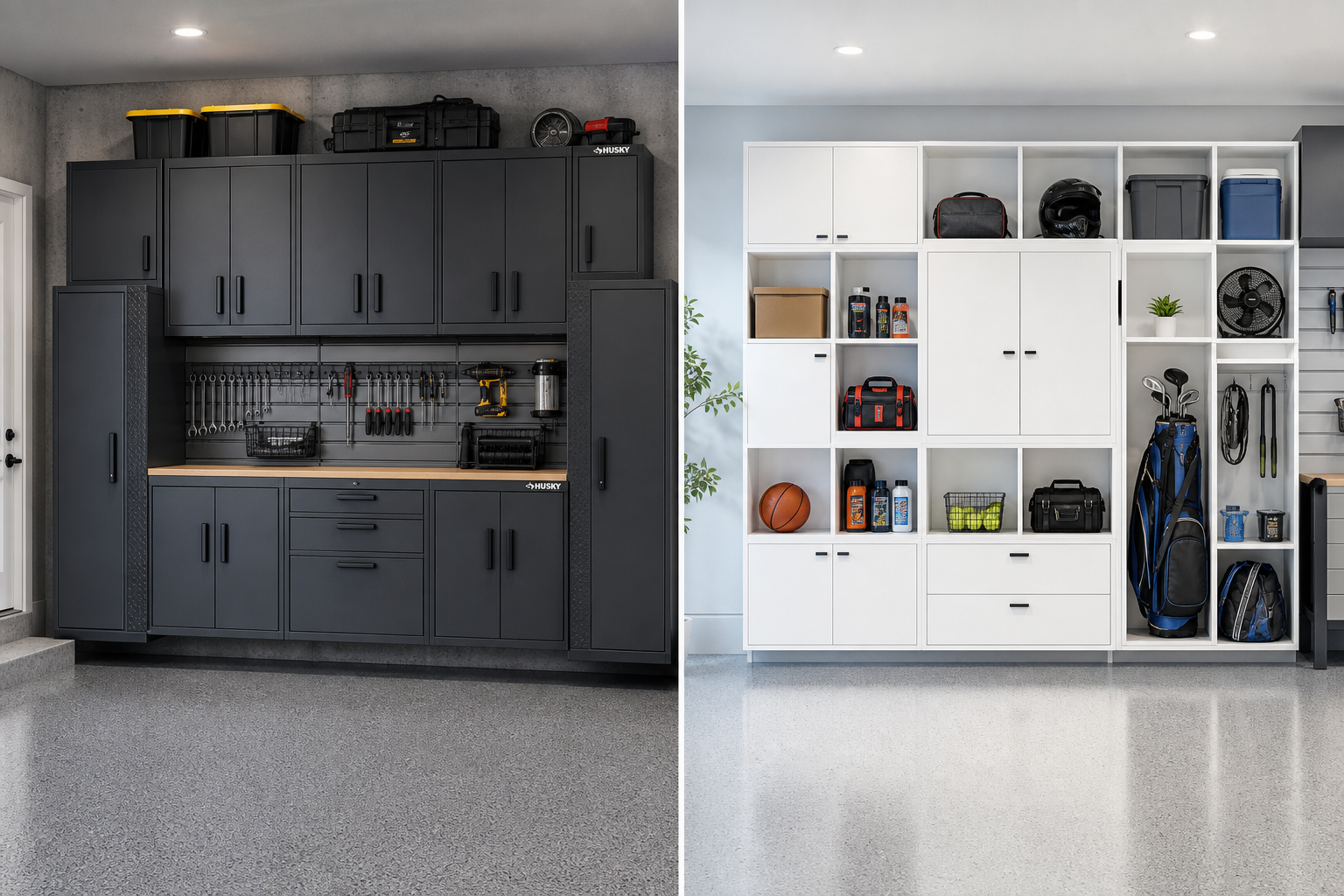 Side-by-side comparison of steel garage cabinets and modular storage systems
