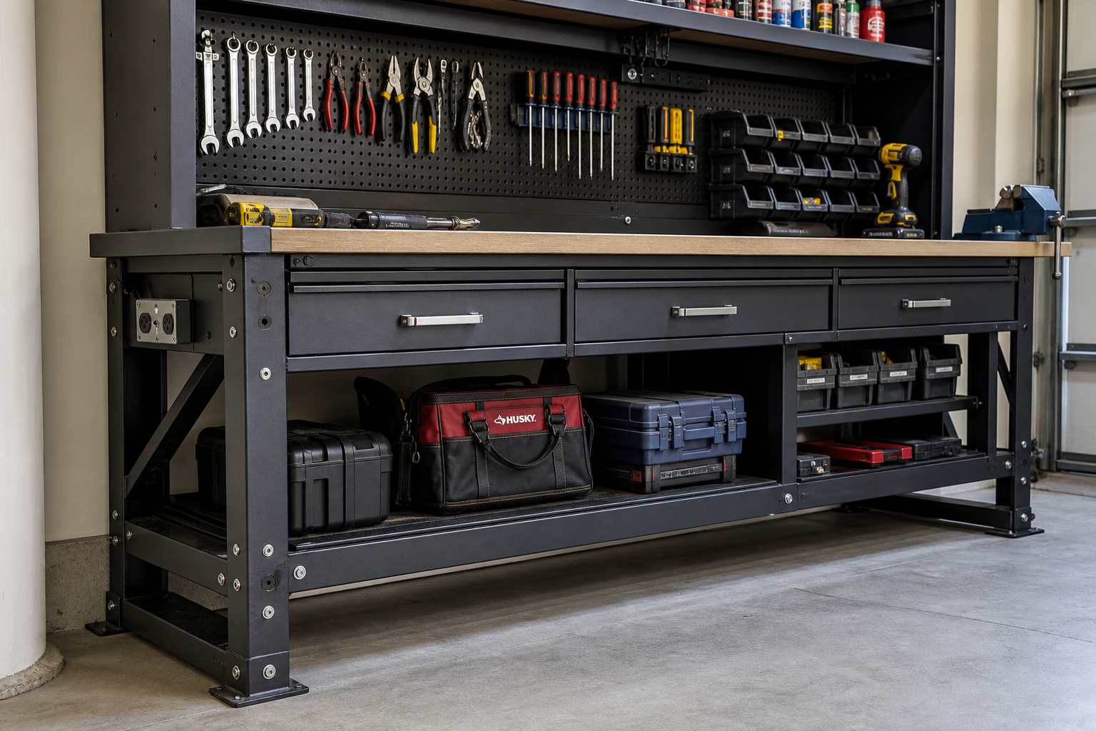Steel workbench showing robust construction with built-in drawers, shelves, and organized tool storage