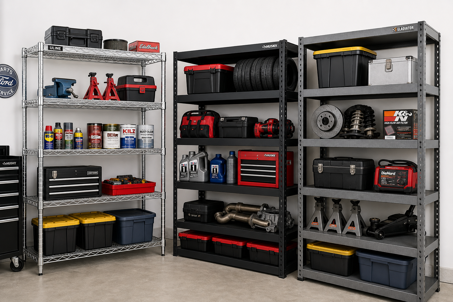 Three heavy-duty steel shelving units displaying different finishes and loaded with garage storage items
