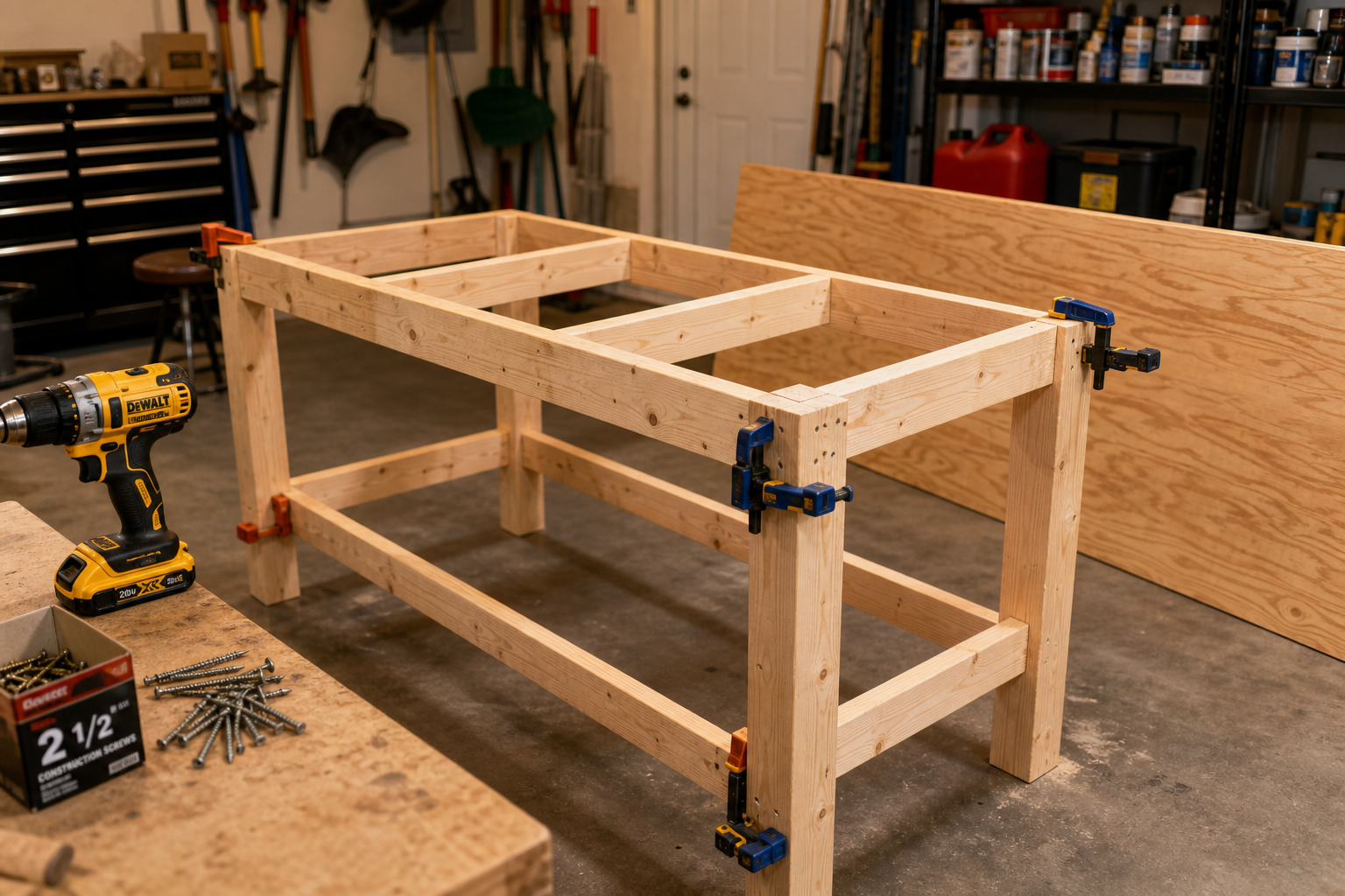 Partially assembled garage workbench during construction process