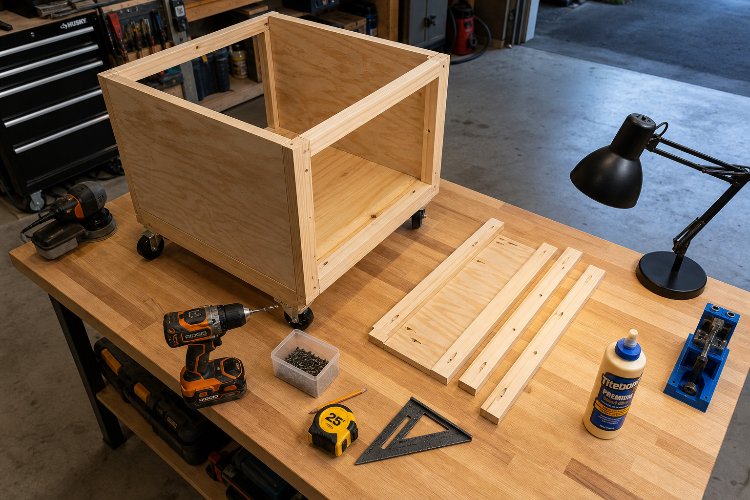 Partially assembled wooden tool cart frame with construction tools on workbench