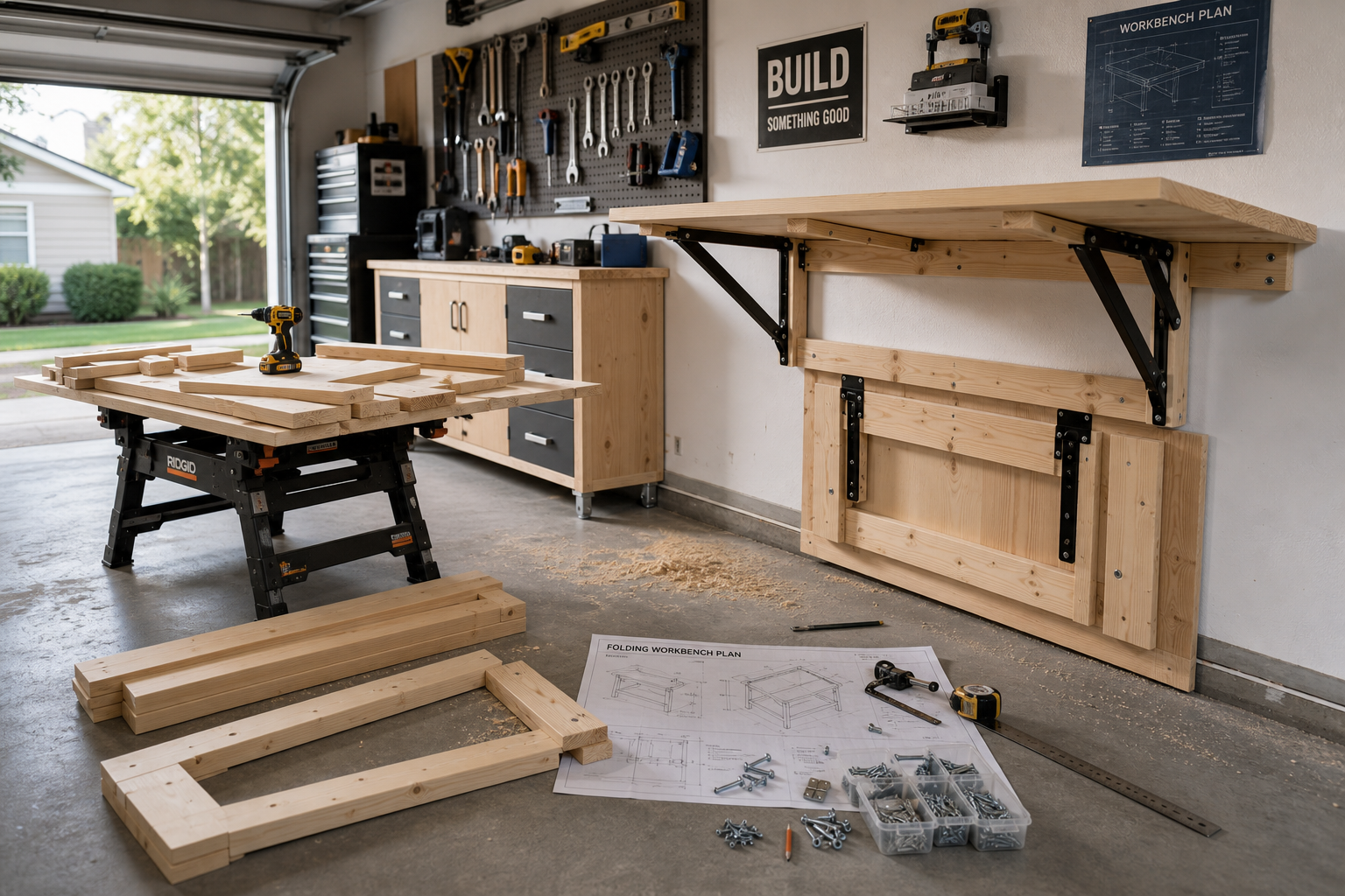 Construction process showing lumber and hardware assembly for folding workbench