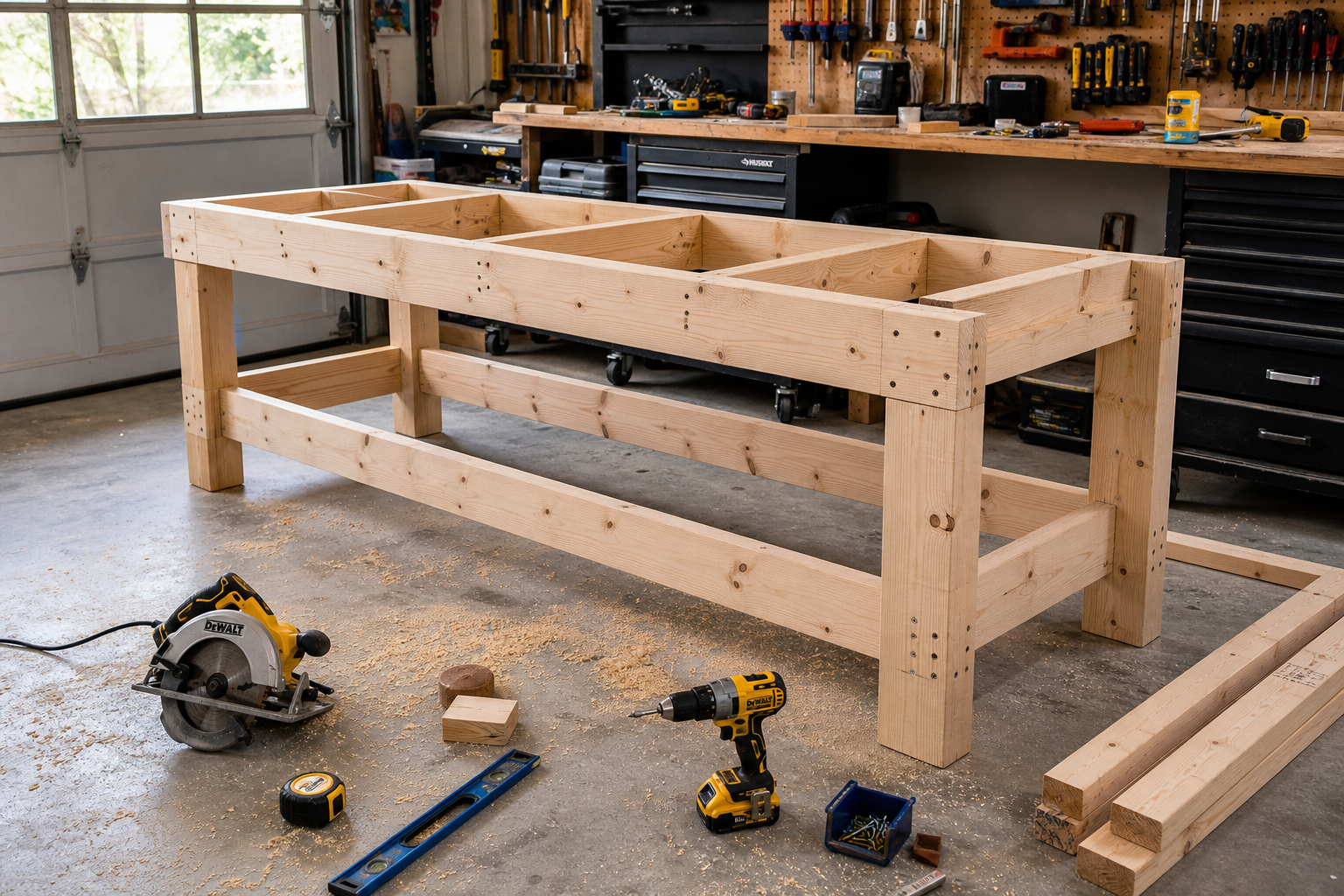 Partially constructed wooden workbench frame with tools scattered around during DIY build process