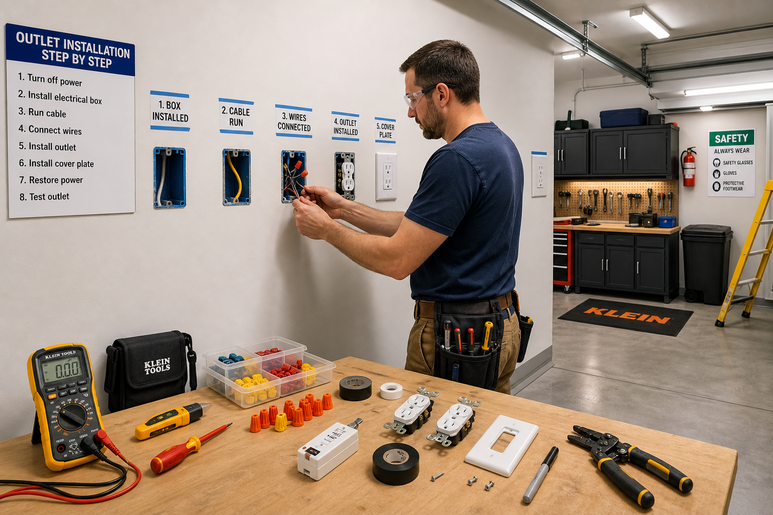 Electrician installing and wiring electrical outlets in garage wall