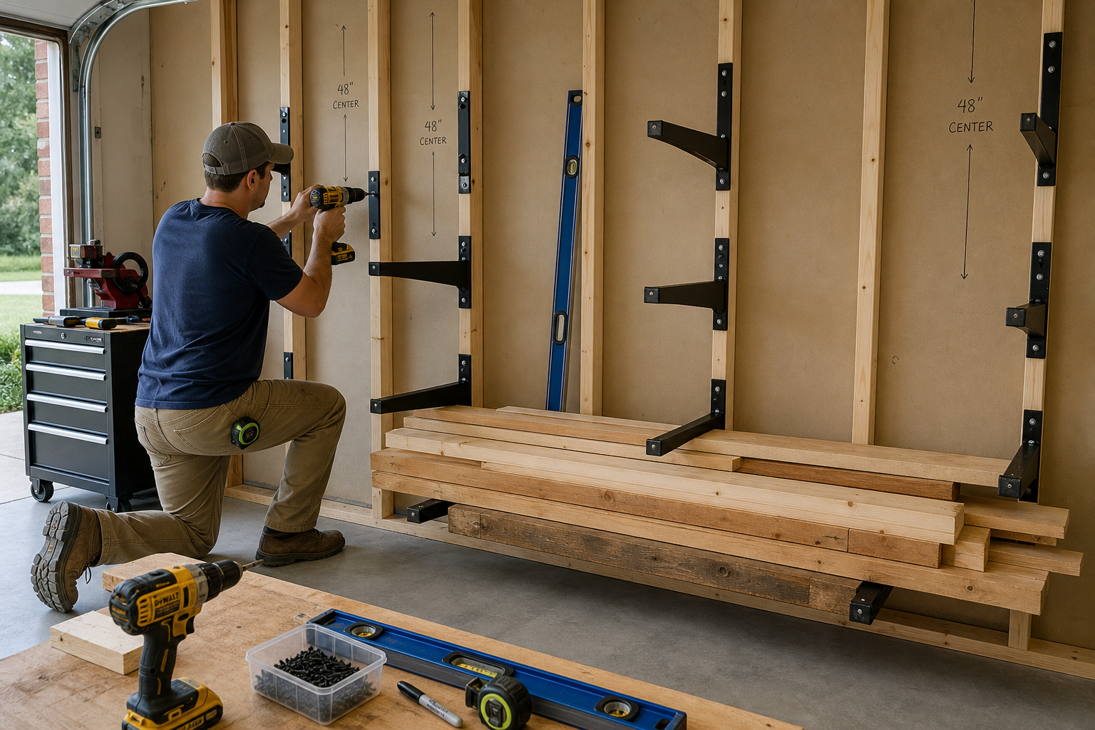 DIY installation of lumber storage rack with tools and mounting process