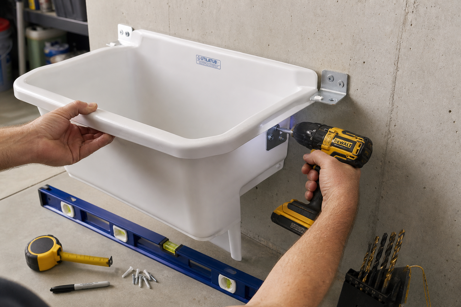 Person installing utility sink mounting brackets with drill in garage