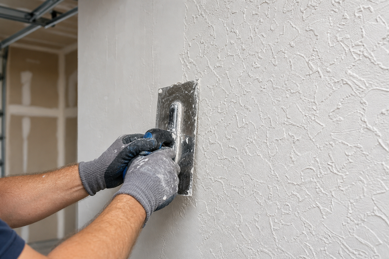 Person applying knockdown texture to garage wall with trowel