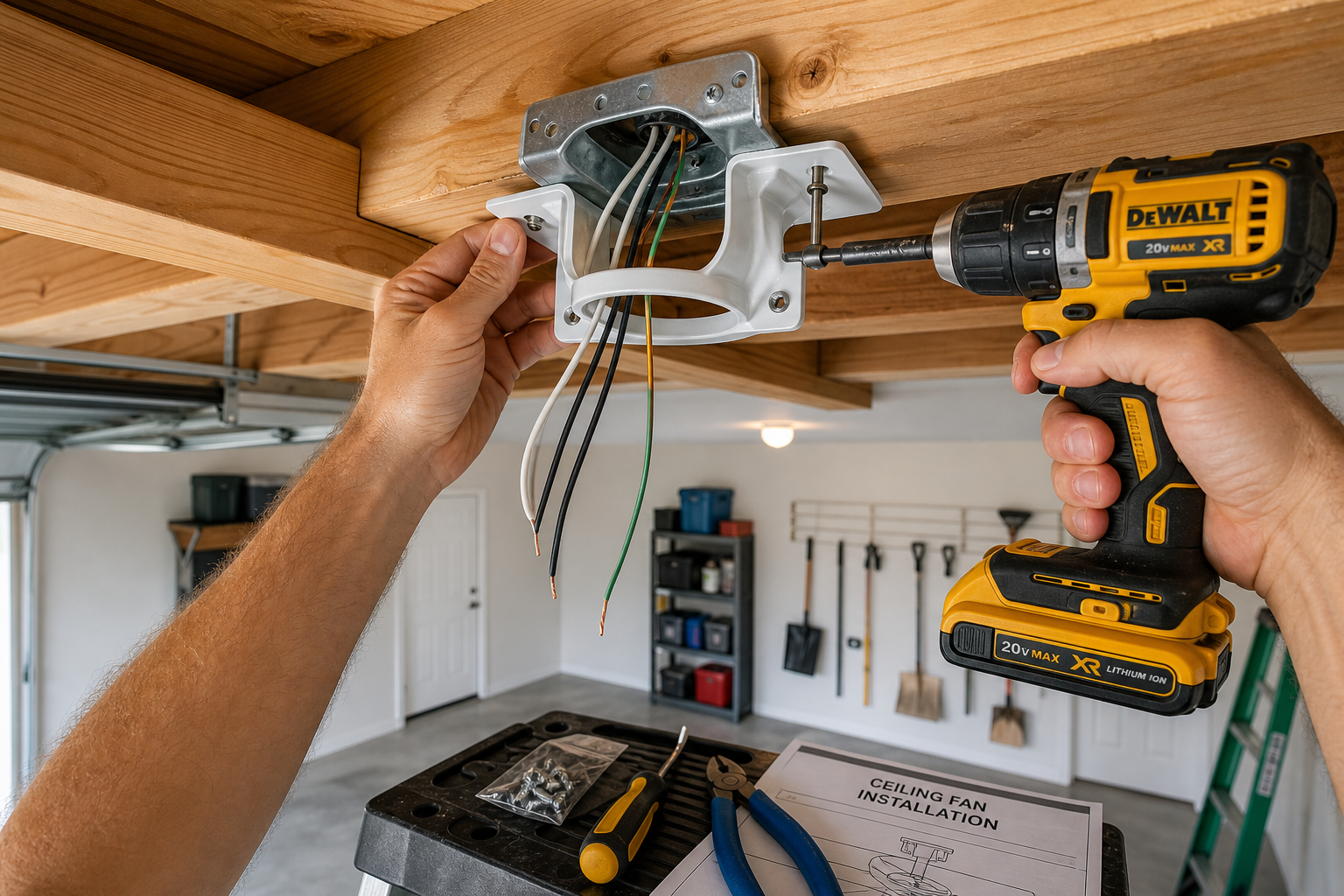 Hands installing ceiling fan mounting bracket with electrical wires visible in garage ceiling