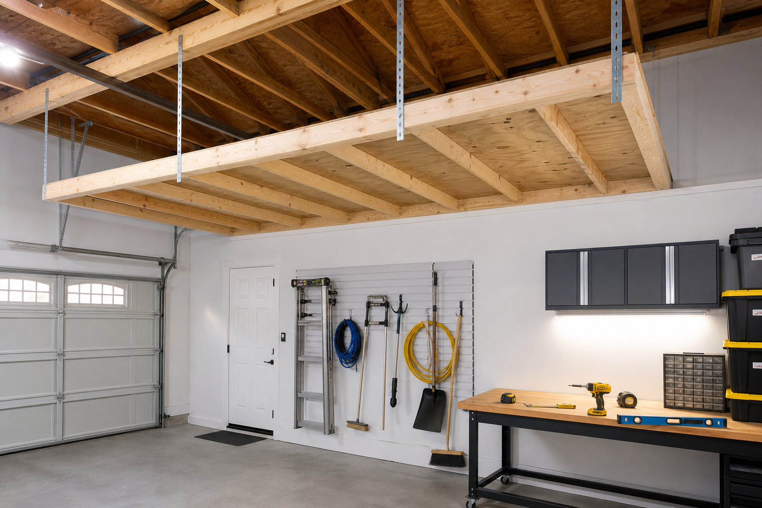 Overhead garage storage platform construction showing plywood platform suspended from ceiling joists