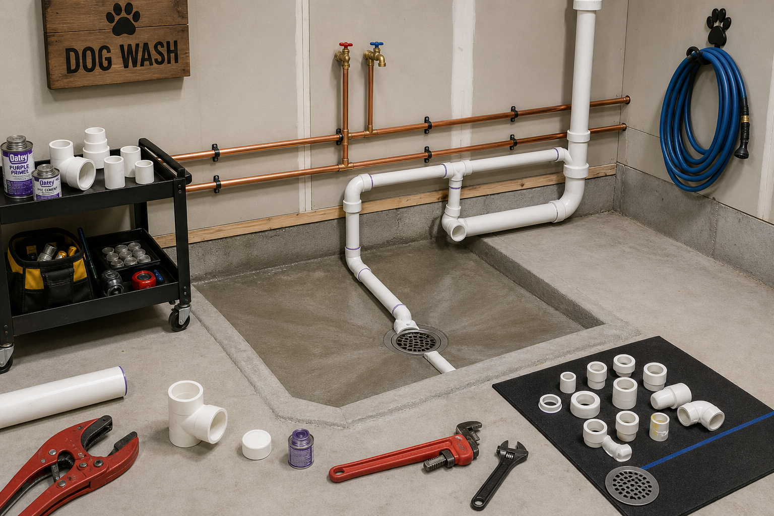 Garage plumbing installation showing PVC drain pipes and copper supply lines for dog wash station