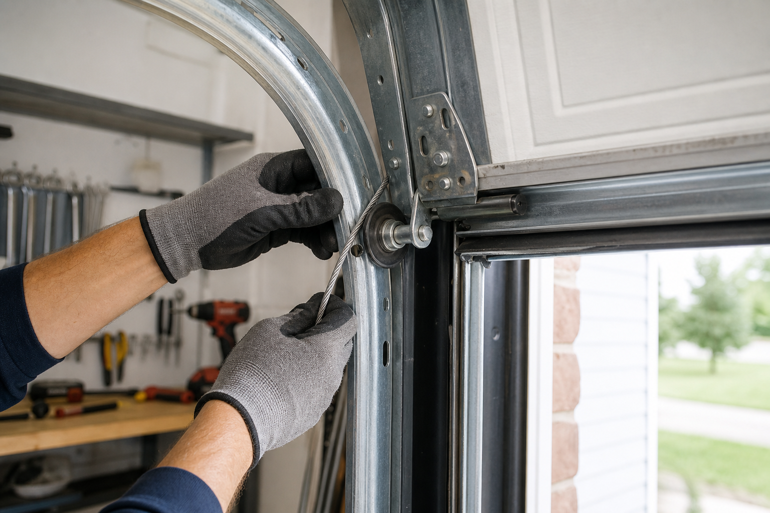 Hands adjusting garage door cable back onto track mechanism