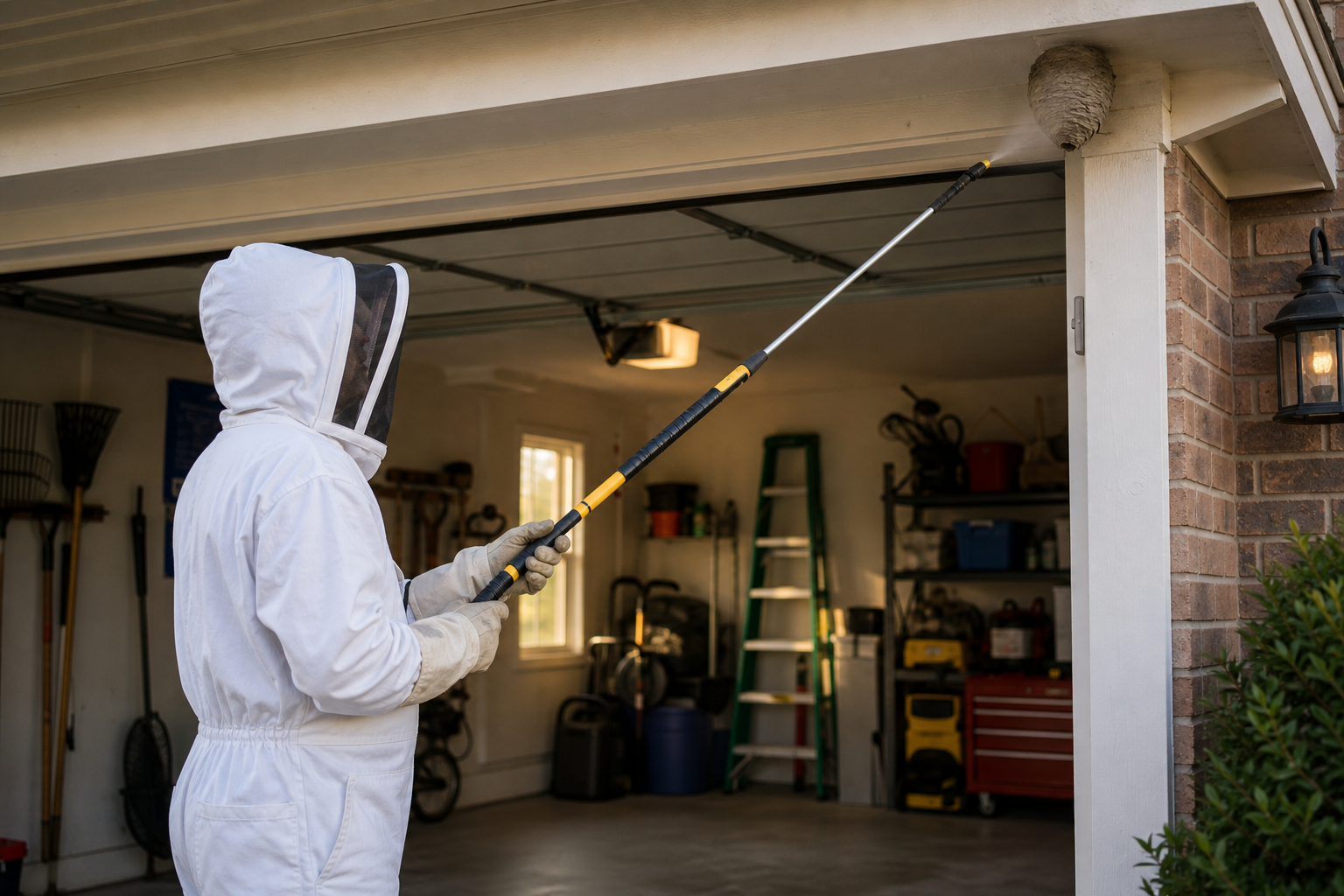 Person in protective gear safely removing a wasp nest from garage ceiling using proper technique and equipment