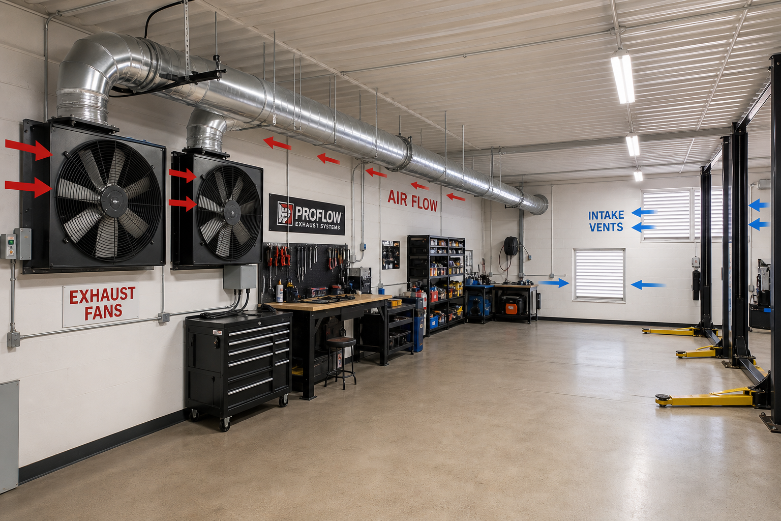 Garage ventilation system with exhaust fans and ductwork for spray booth setup