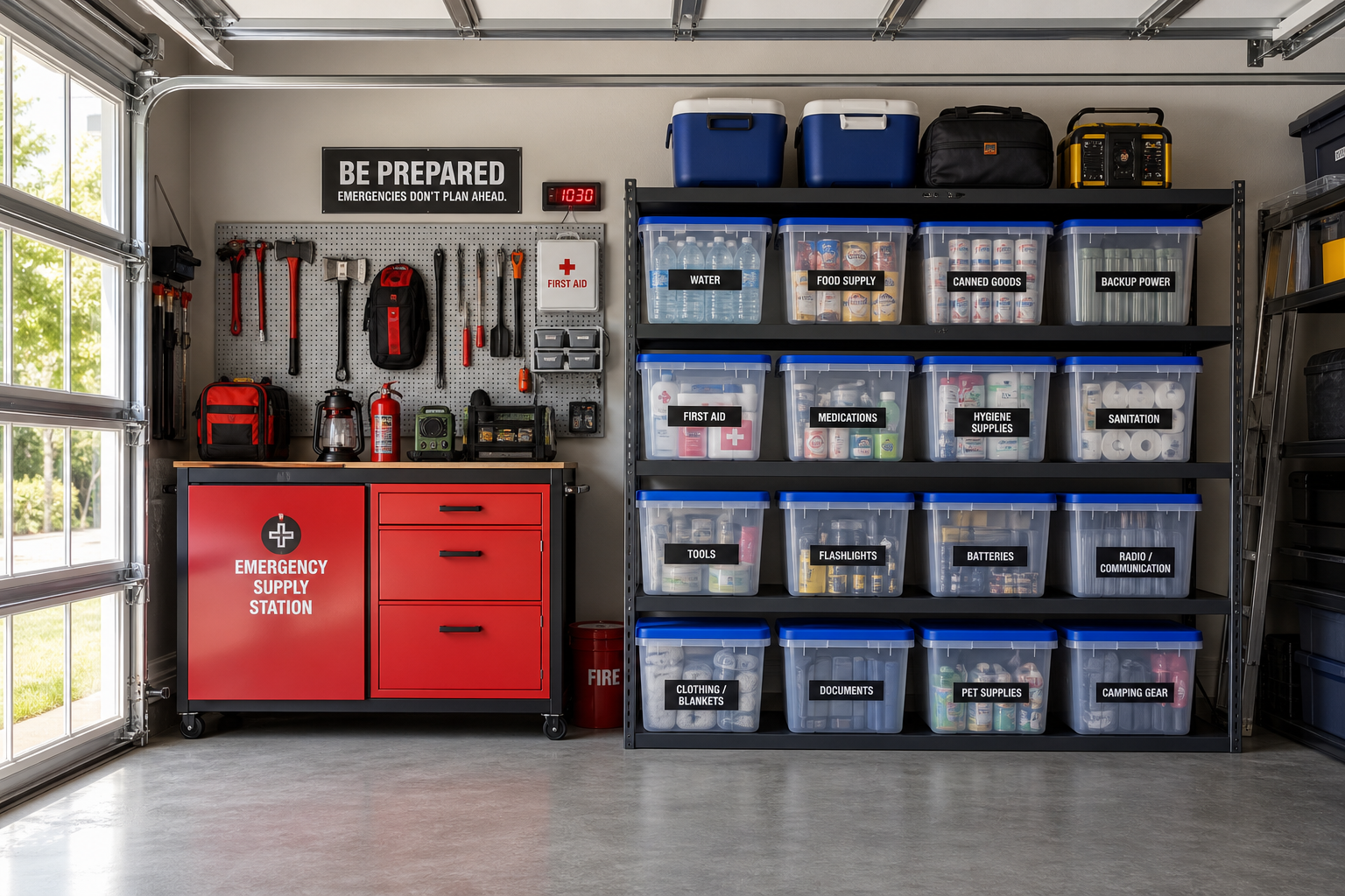 Organized garage with labeled storage bins and shelving systems for emergency supplies