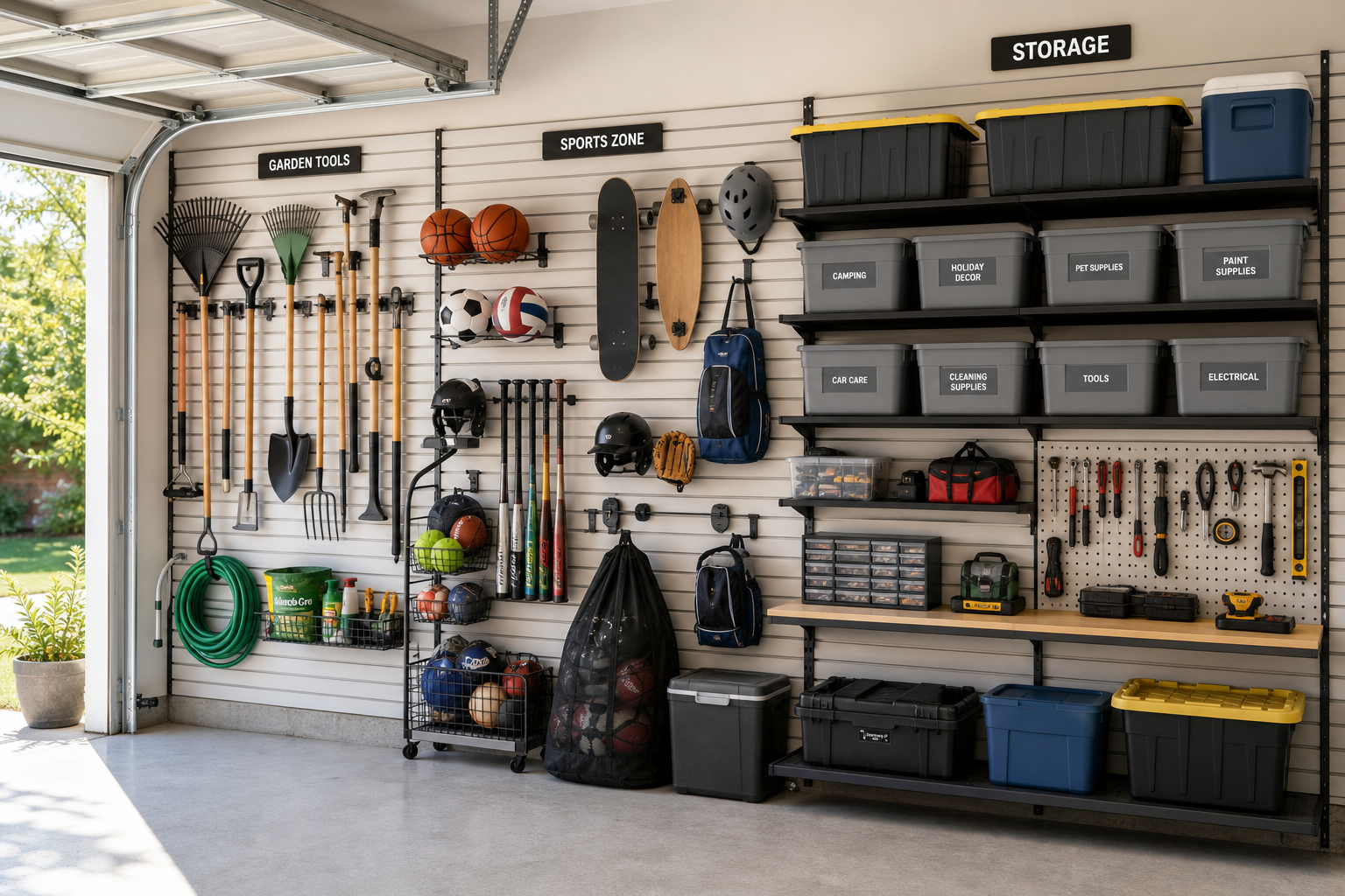 Organized garage storage system using slatwall panels with various tools and equipment