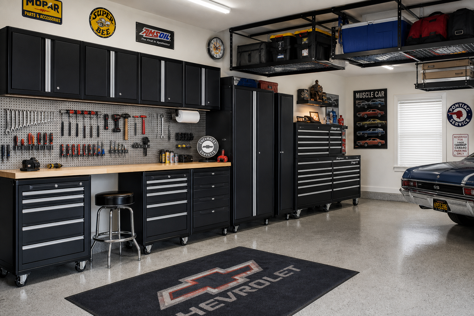 Organized garage with wall-mounted storage systems and classic car